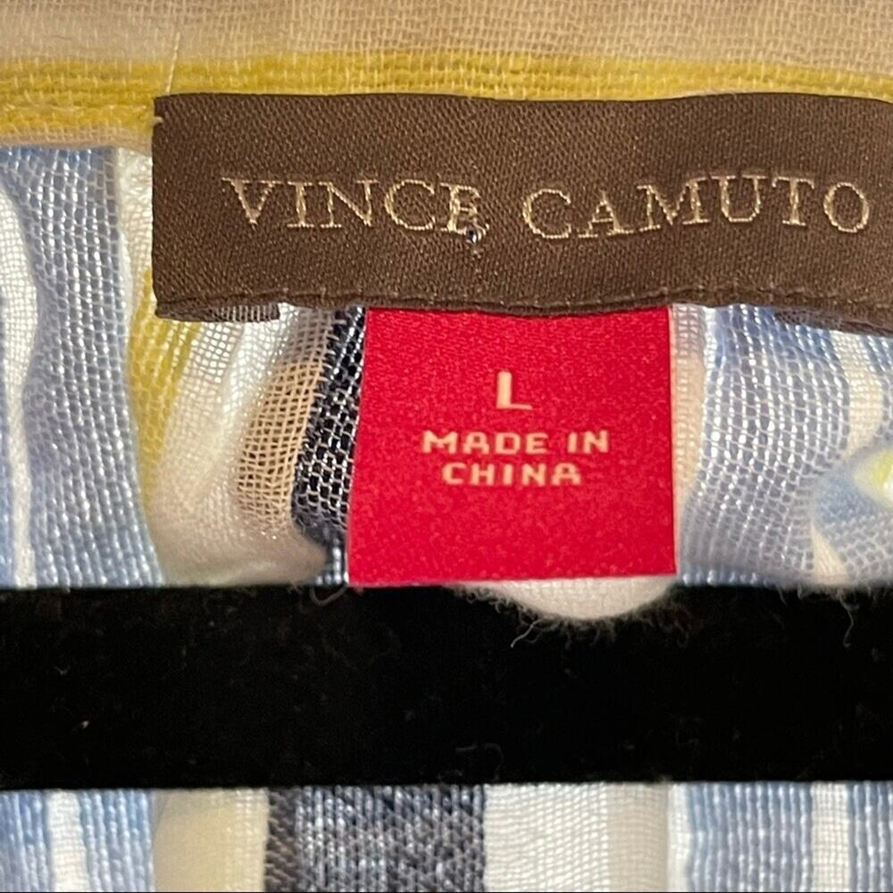Vince Camuto Striped Tunic Top Sz L White Blue Pom Pom Hem Beach Surfer Coastal - Picture 6 of 11